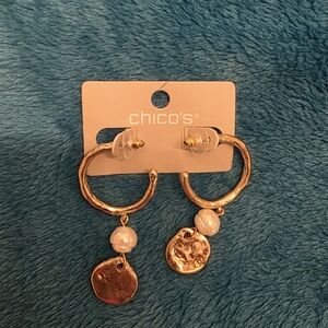 Chico's Gold Hoop Earrings with Pearl and Textured Disc